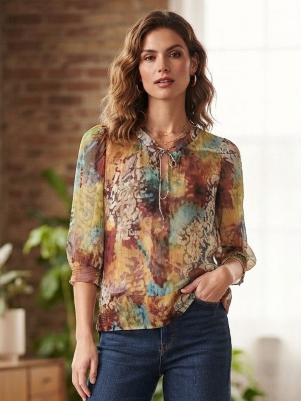 Christopher & Banks Earth Tone Sheer Blouse Size XS